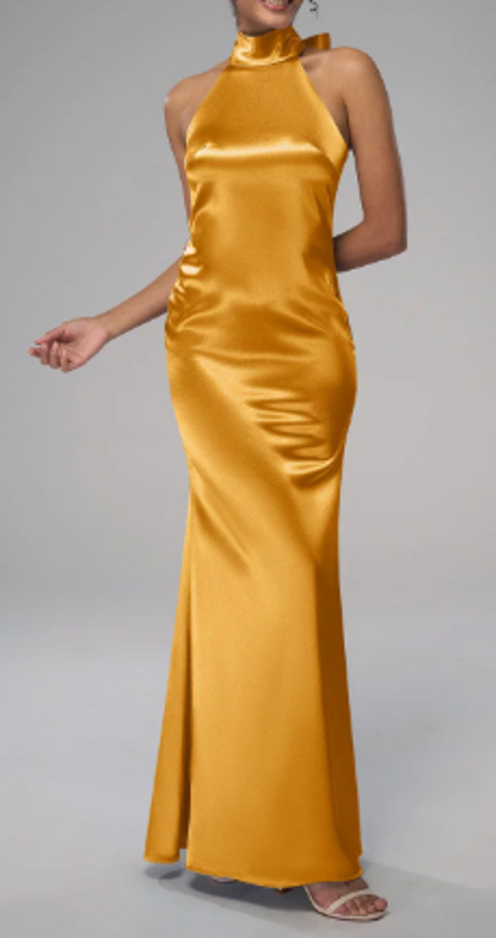 AW BRIDAL 2 XS mango yellow satin crystal halter Elliot gala maxi dress NEW 0B12